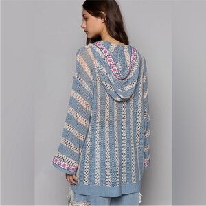 POL Blue and Cream Crochet Knit Hoodie